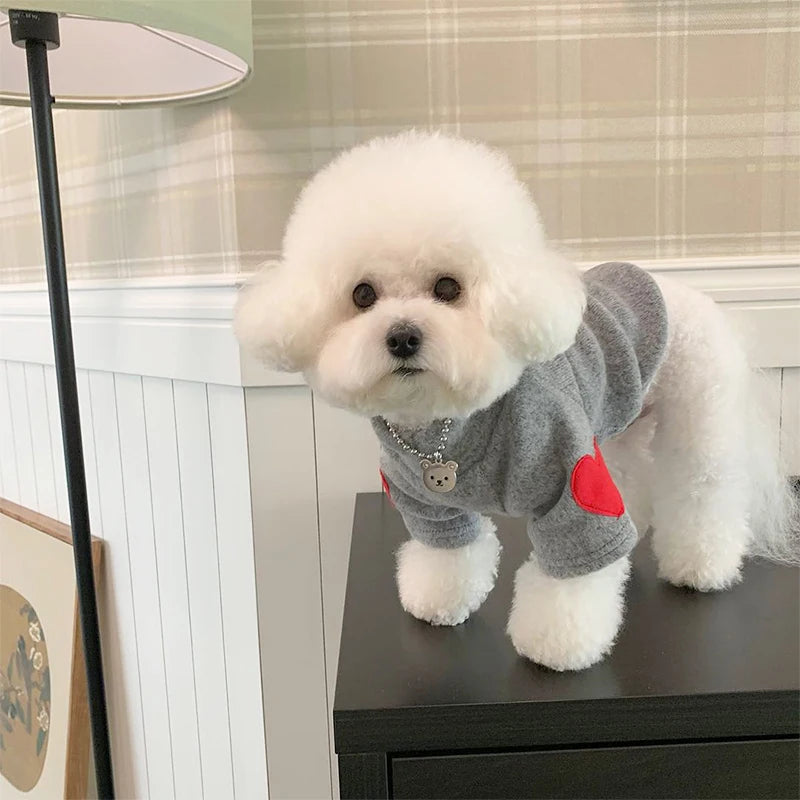 Winter Dog Shirt Heart-shaped Patch, Embroidery Sweatshirt, Chihuahua Breathable Warm Shirt, Puppy Outdoor Clothes