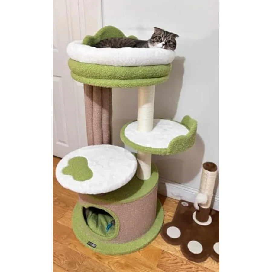 42.5 Cute Cat Tree Green Cat Tree for Indoor Cats, Aesthetic Cat Tower with Teddy Fleece Cats, Condo Unique Cat Furniture for Small Cats
