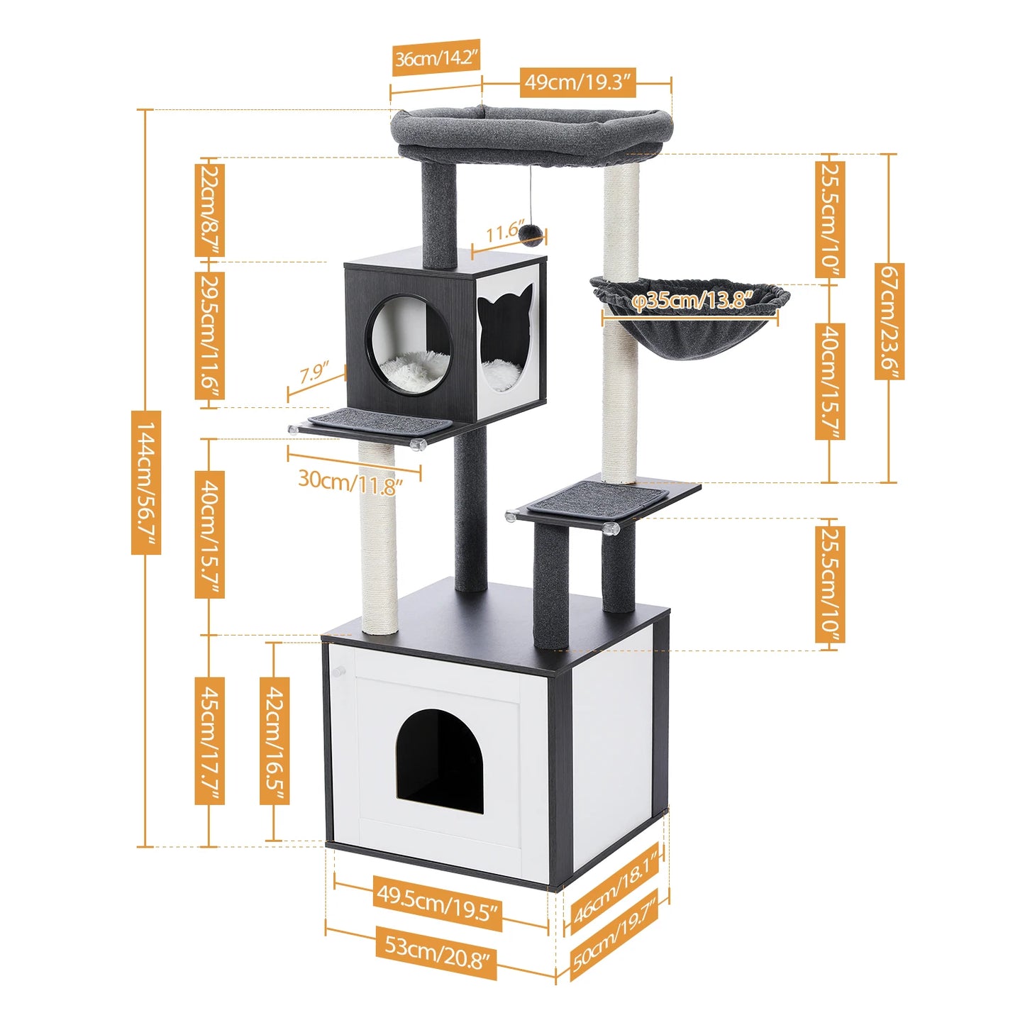 Multi-Level Cat Tree for Indoor Wood Cat , Tower with Scratching Posts Spacious Condo, Hammock Top Perch Cat Scratcher