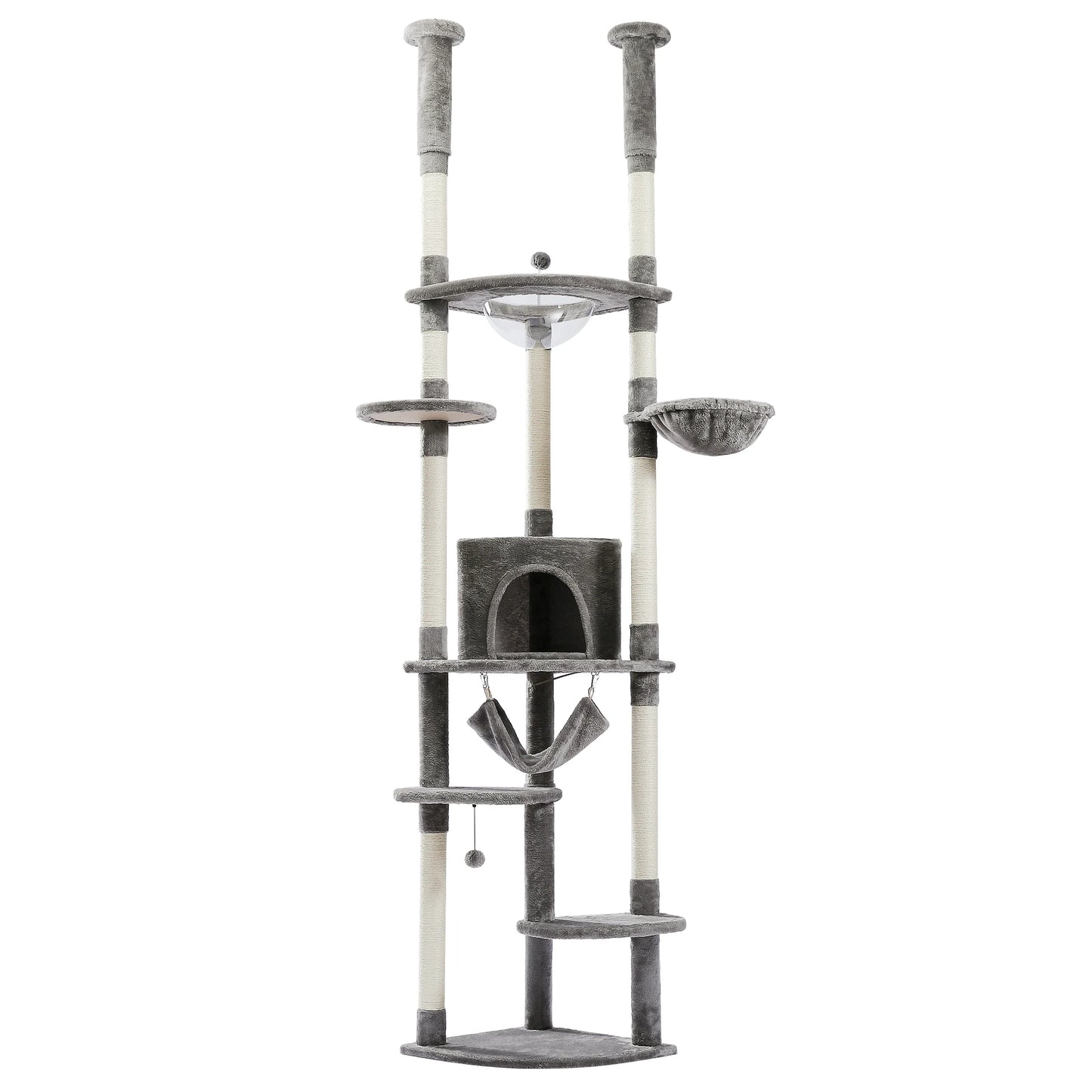 Floor to Ceiling Cat Tree Adjustable, Cat Tower Tall Kitty Climbing Play House with Scratching Posts, Cozy Condo Perches, Hammock