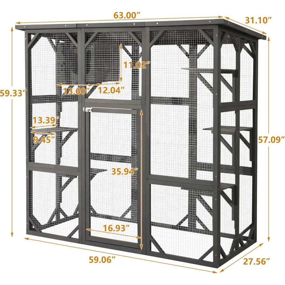Catio Wooden, Cat Enclosure Large Outdoor Cat House with Weatherproof, Cat Cage Condo Indoor Playpen with Platform
