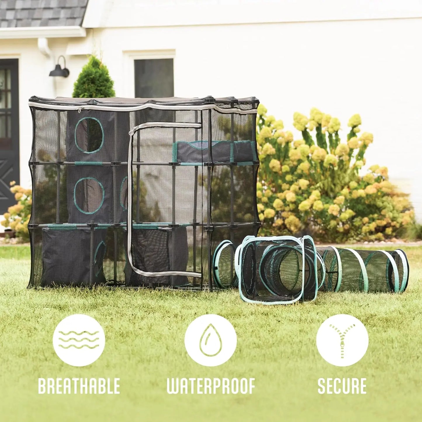 Outdoor Cat Enclosure Kit with Elevated Platform and Multiple Play Zones for Cats, Durable Weatherproof Design for Garden