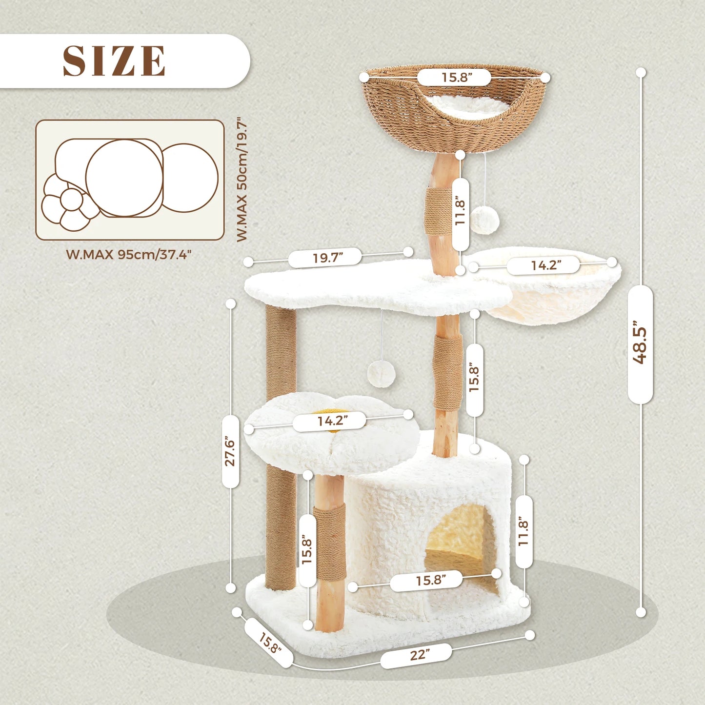 Solid Wood Cat Tree, Modern Cat Tower with Spacious Cat Condo, Flower Perches, Fun Pompom, Double Comfort Perfect for Indoor Kittens