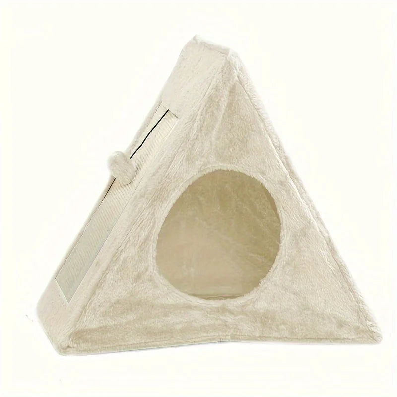 Pet bed suitable for cats under 15 pounds, with plush toy ball and cat scratching board
