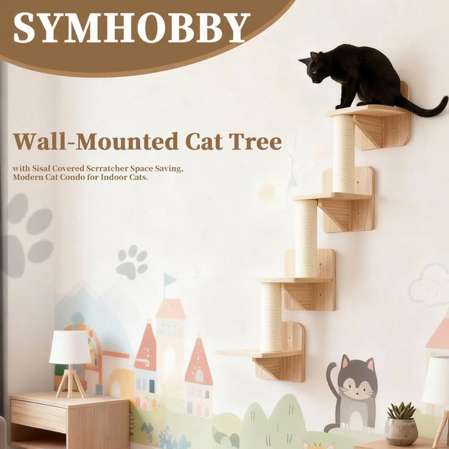 Cat Wall Shelves & Climber for Kittens Solid Wood cat ClimFrame – 4-Level Wall Mounted Cat Tree with Natural Sisal Pads