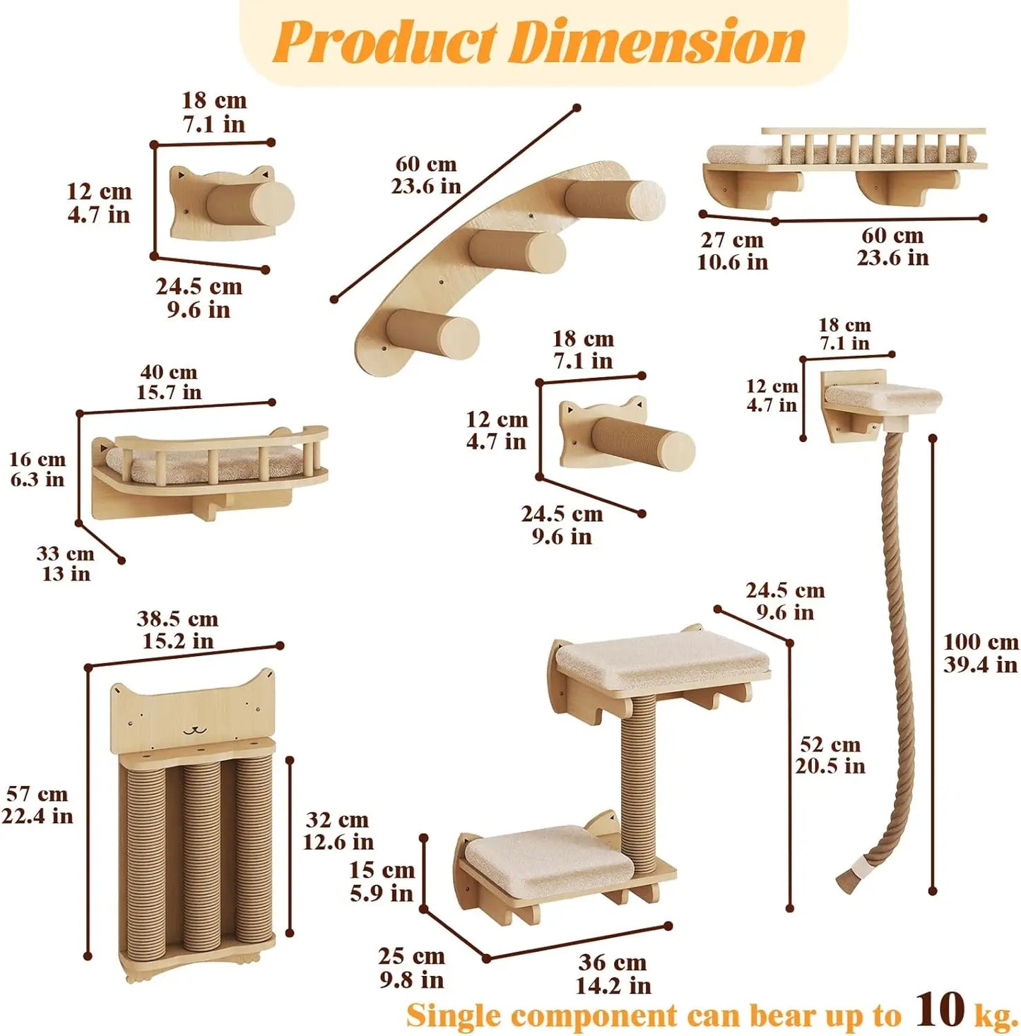Cat ClimWall Set Made of Natural Wood, 8 Pcs Sturdy Furniture with Scratching Posts, Kitten Platform, 100CM Sisal Rope and