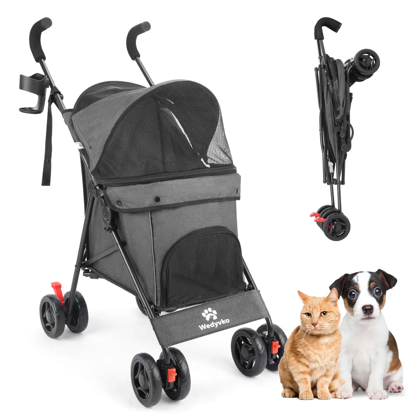 Wedyvko Pet Dog Stroller 4 Wheels, Puppy Stroller Rotate with Brakes Storage for Dogs Cats