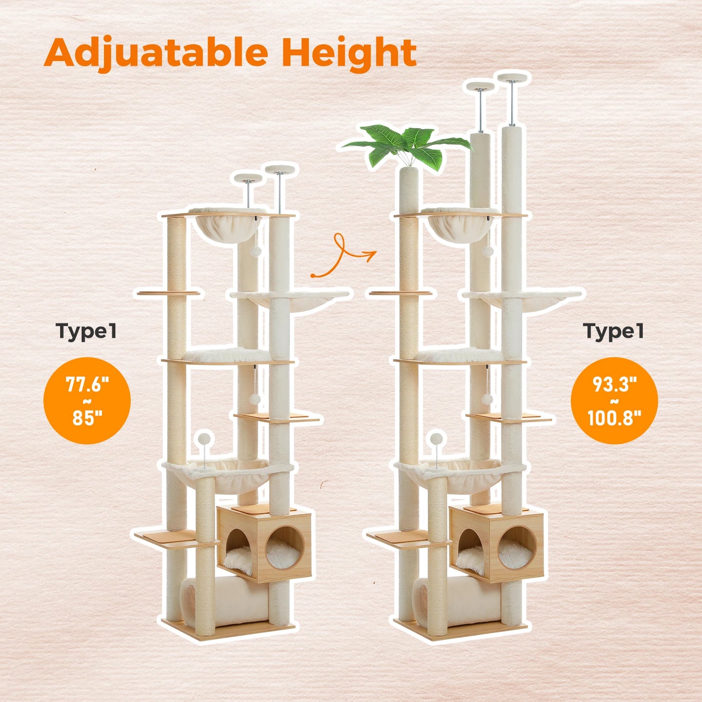 Height Adjustable Wooden Cat Tree with Large Hammock, Sisal Scratching Posts ,Floor to Ceiling Cat Tower ,Cozy Cat Condo for Indoor
