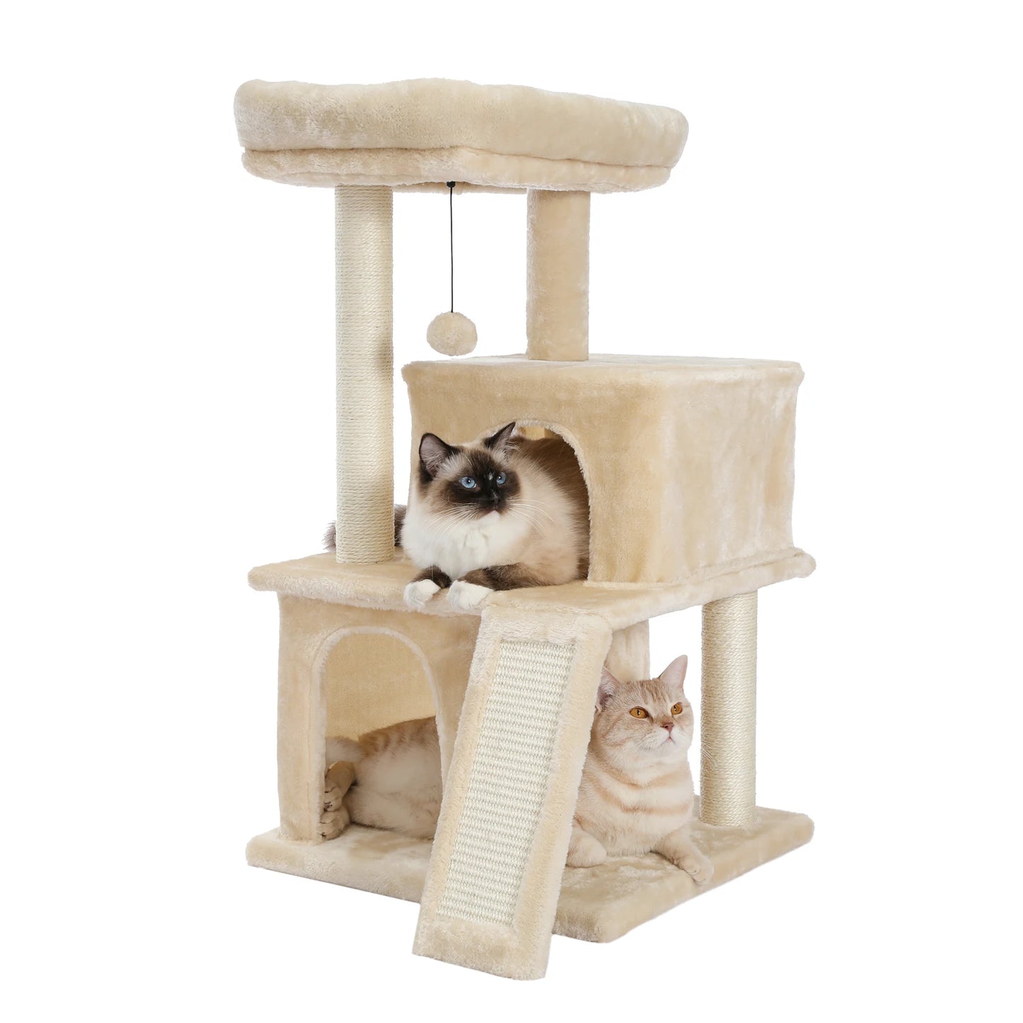 Small Cat Tree Tower with Scratching Pad, Two Large Condos, Cat Scratching Post for Indoor, Kitten House Bed, Cat Accessories