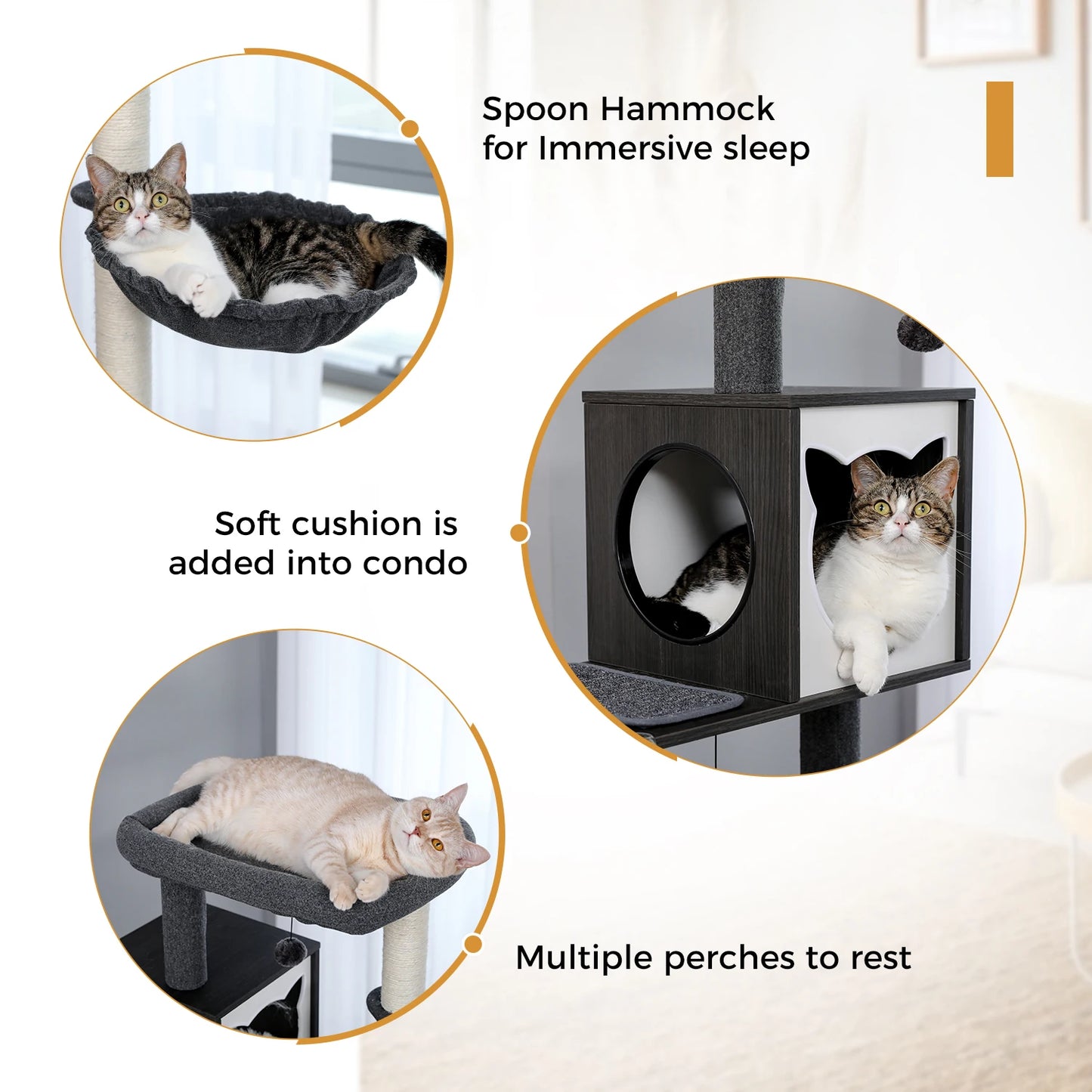 Multi-Level Cat Tree for Indoor Wood Cat , Tower with Scratching Posts Spacious Condo, Hammock Top Perch Cat Scratcher