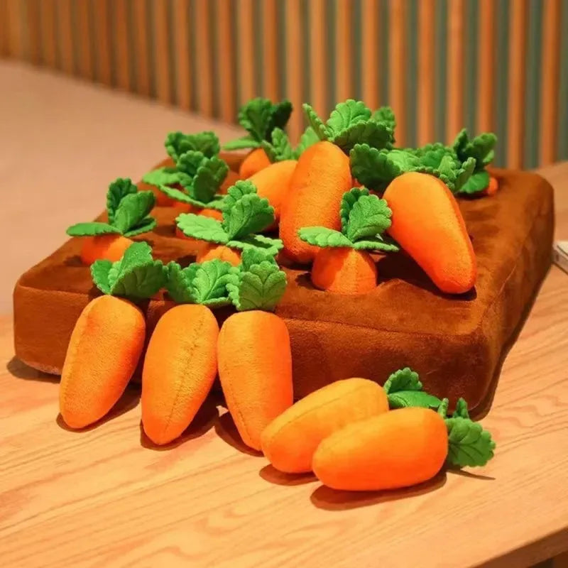 Plush carrot dog reinforced puzzle toy for interactive play, mental stimulation and foraging carrot patch dog puzzle toy