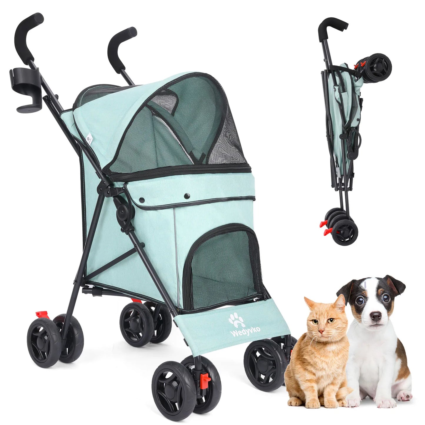 Wedyvko Pet Dog Stroller 4 Wheels, Puppy Stroller Rotate with Brakes Storage for Dogs Cats