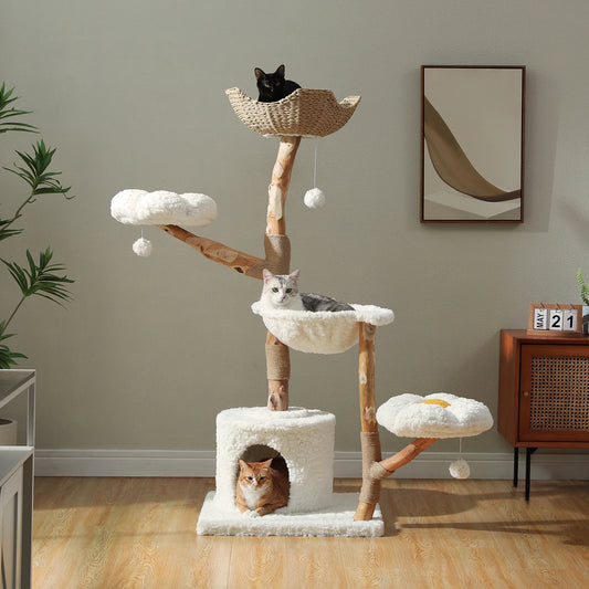 Solid Wood Cat Tree, Modern Cat Tower with Spacious Cat Condo, Flower Perches, Fun Pompom, Double Comfort Perfect for Indoor Kittens