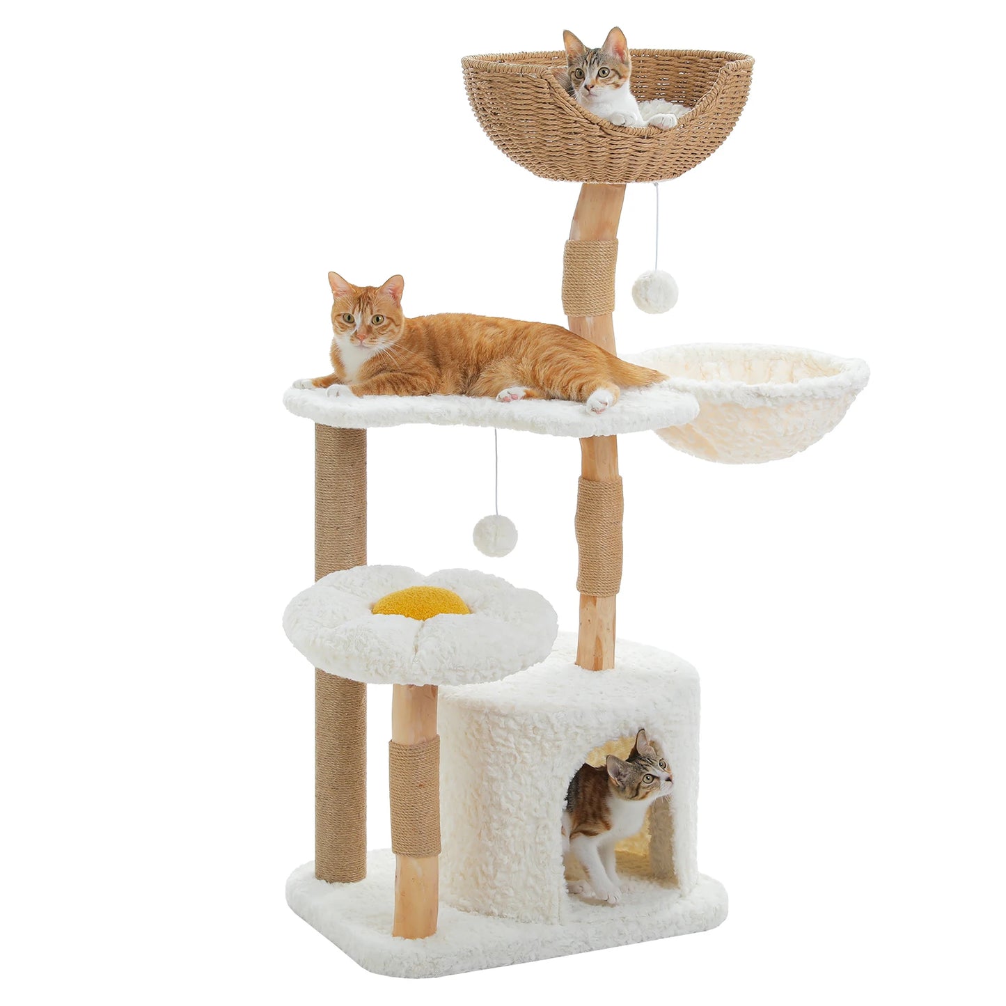 Solid Wood Cat Tree, Modern Cat Tower with Spacious Cat Condo, Flower Perches, Fun Pompom, Double Comfort Perfect for Indoor Kittens