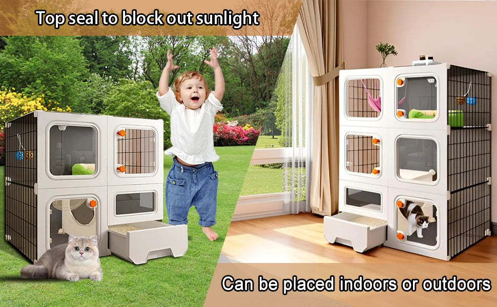 Cat Cage Enclosure with Litter Box, Cat Playpen Detachable Metal, Cat Cage Indoor and Outdoor, Ferret Cage, Rabbit Cage