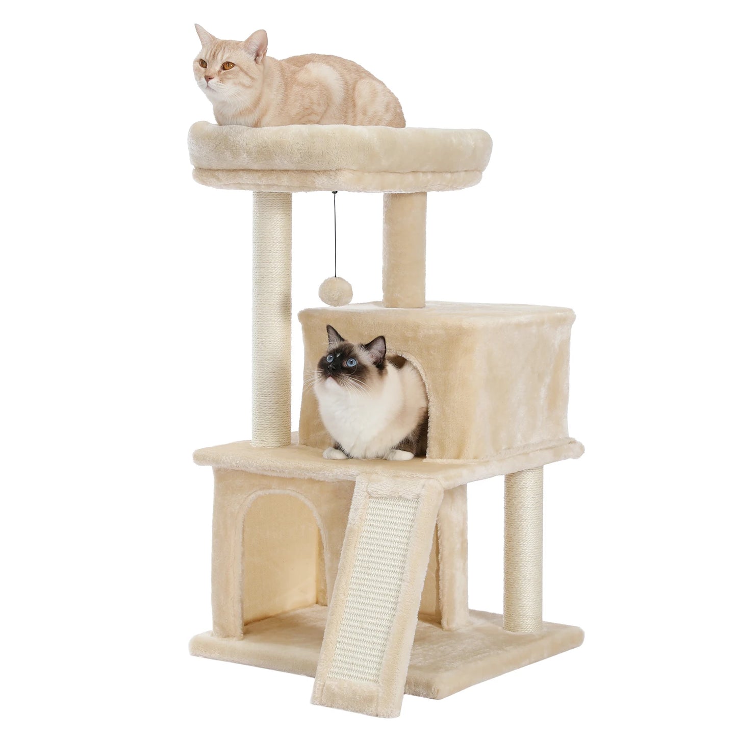 Small Cat Tree Tower with Scratching Pad, Two Large Condos, Cat Scratching Post for Indoor, Kitten House Bed, Cat Accessories