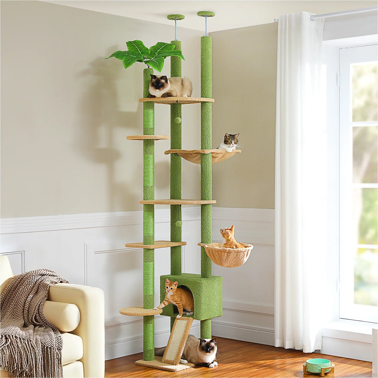 Height Adjustable Wooden Cat Tree with Large Hammock, Sisal Scratching Posts ,Floor to Ceiling Cat Tower ,Cozy Cat Condo for Indoor