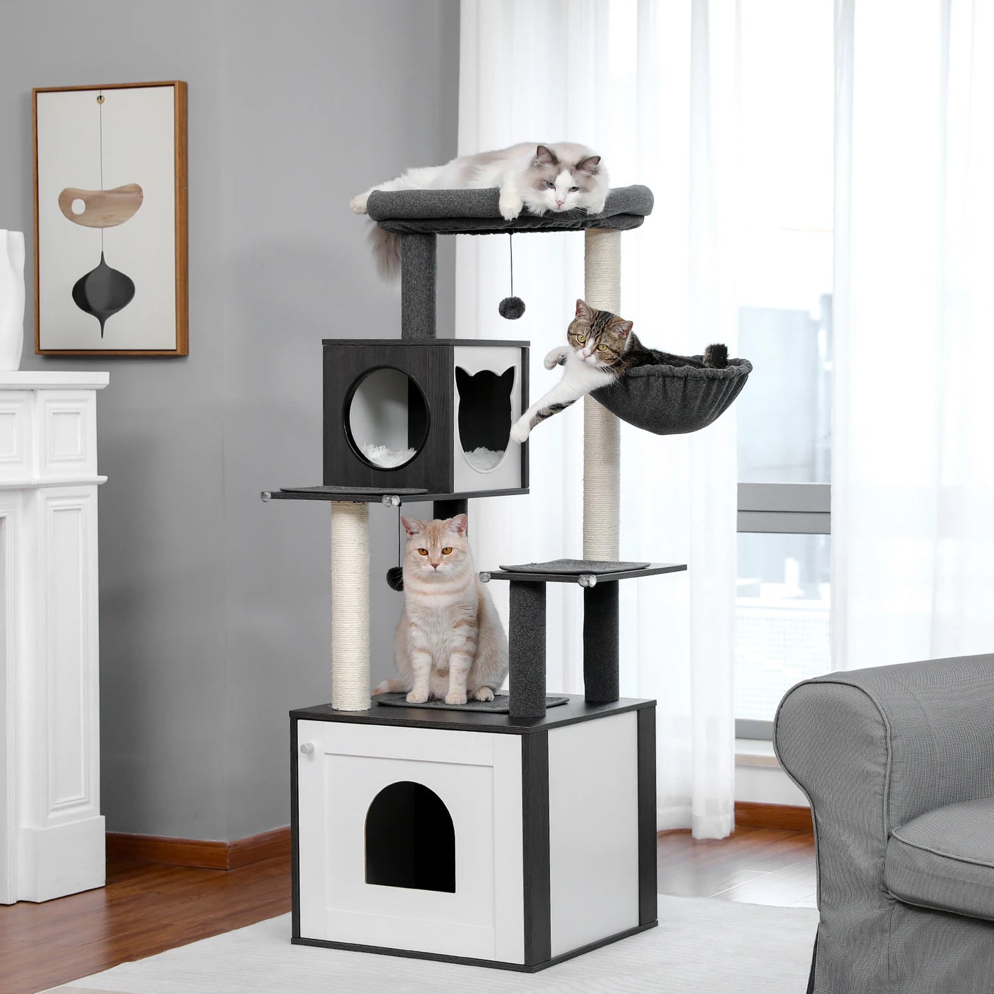Multi-Level Cat Tree for Indoor Wood Cat , Tower with Scratching Posts Spacious Condo, Hammock Top Perch Cat Scratcher