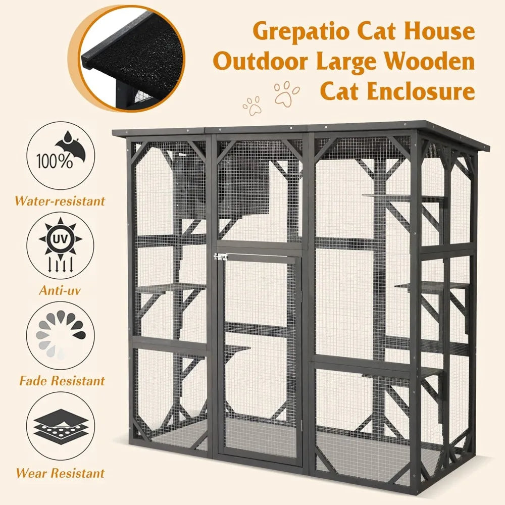 Catio Wooden, Cat Enclosure Large Outdoor Cat House with Weatherproof, Cat Cage Condo Indoor Playpen with Platform