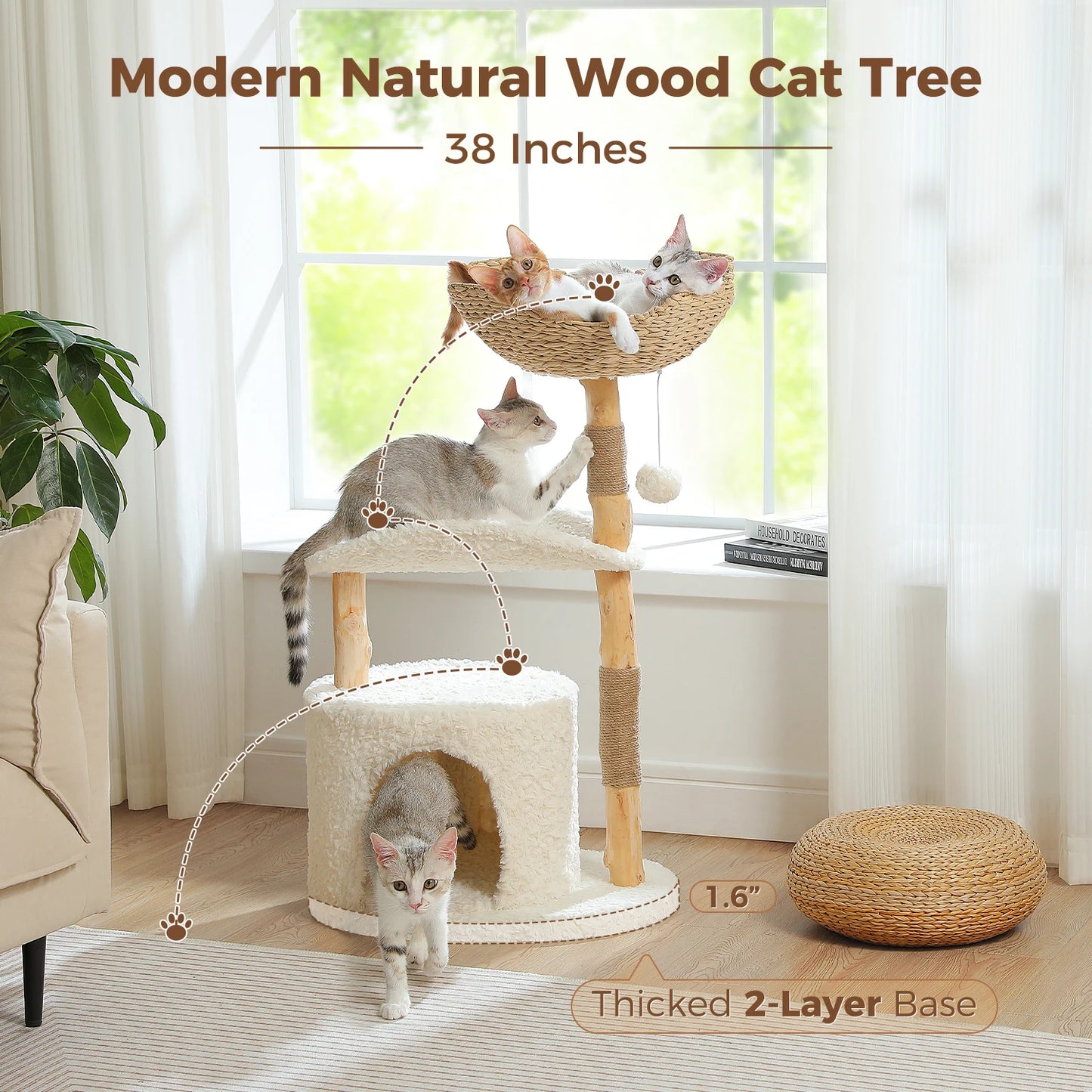 Solid Wood Cat Tree, Modern Cat Tower with Spacious Cat Condo, Flower Perches, Fun Pompom, Double Comfort Perfect for Indoor Kittens