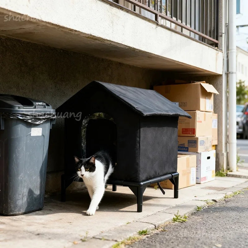 Large Outdoor Insulated Cat & Dog House -Winter Warm Elevated Shelter with Curtain Roof, Sturdy Zipper-Access Door & Stable Base