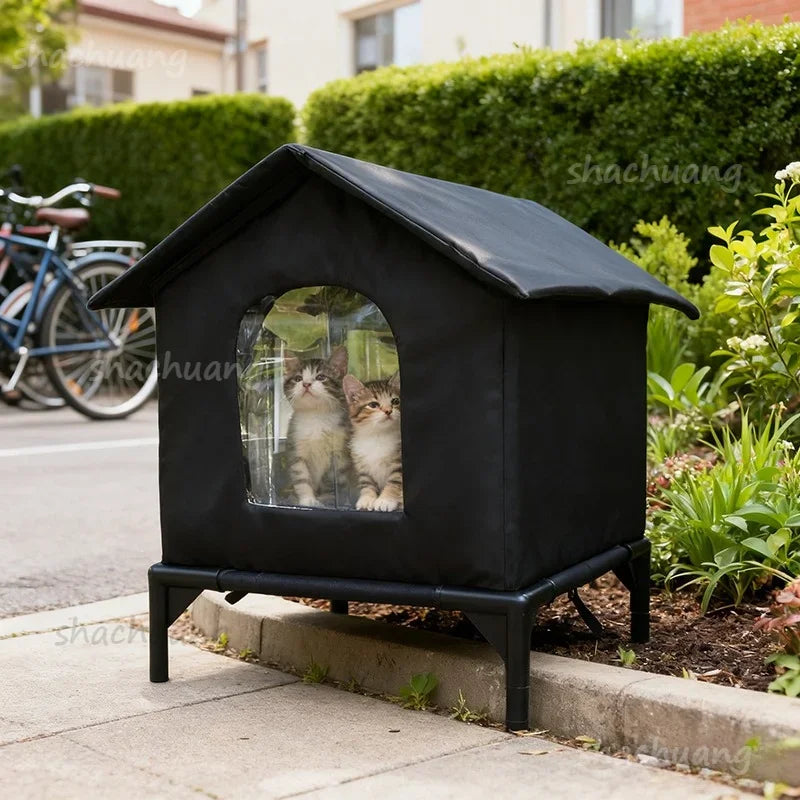 Large Outdoor Insulated Cat & Dog House -Winter Warm Elevated Shelter with Curtain Roof, Sturdy Zipper-Access Door & Stable Base