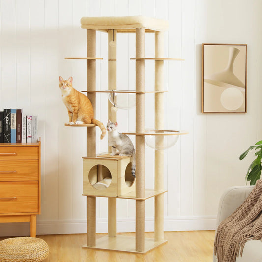 Multi-Level Cat Tree for Indoor Wood Cat , Tower with Scratching Posts Spacious Condo, Hammock Top Perch Cat Scratcher