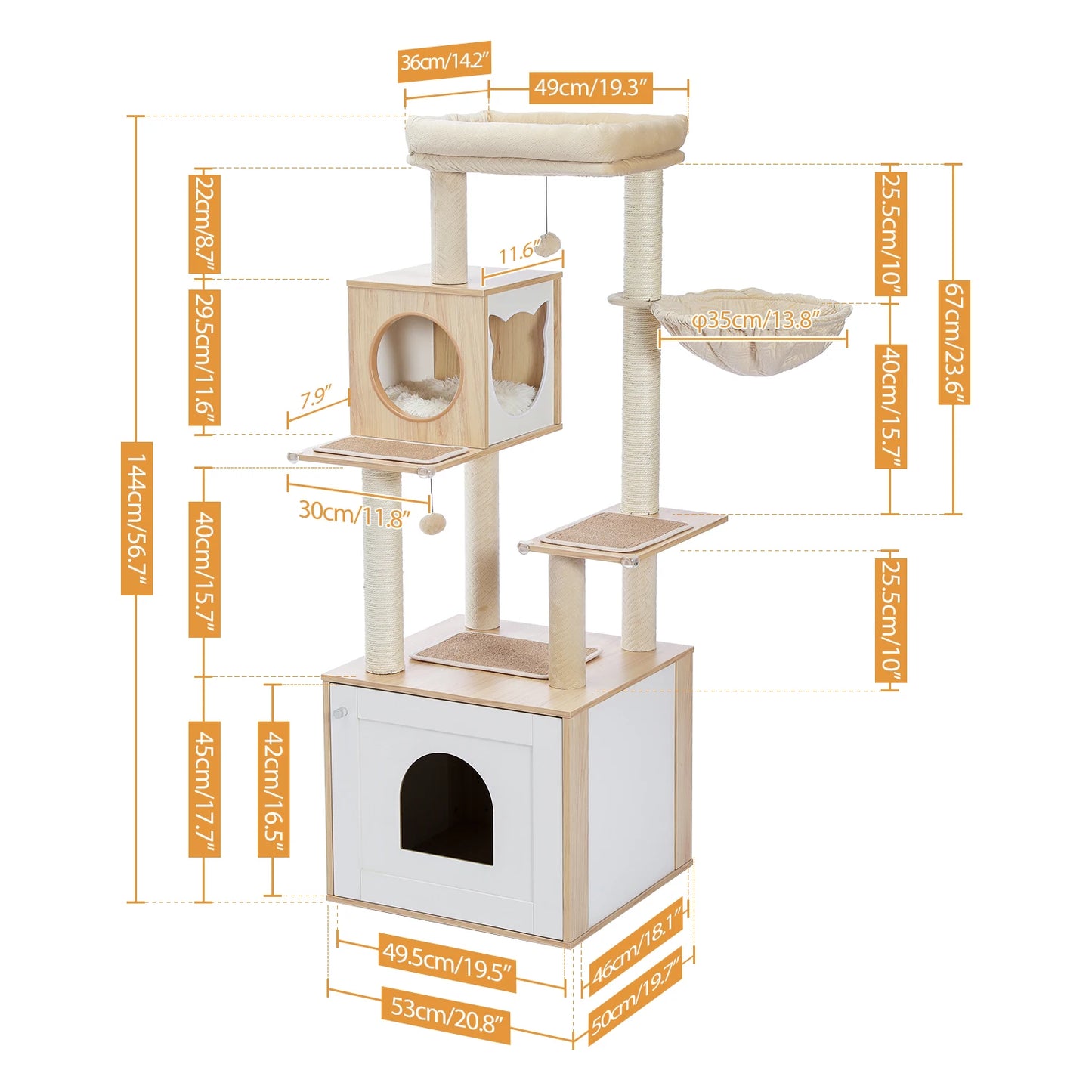 Multi-Level Cat Tree for Indoor Wood Cat , Tower with Scratching Posts Spacious Condo, Hammock Top Perch Cat Scratcher