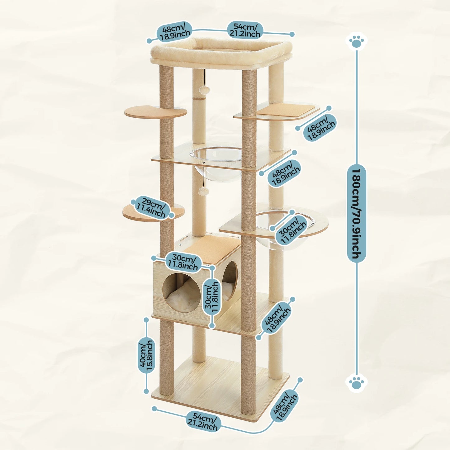 Multi-Level Cat Tree for Indoor Wood Cat , Tower with Scratching Posts Spacious Condo, Hammock Top Perch Cat Scratcher