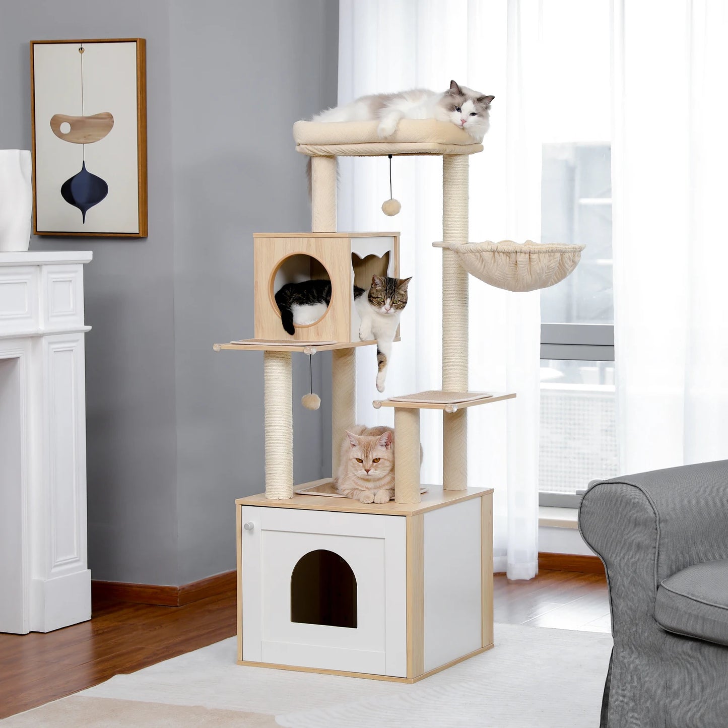 Multi-Level Cat Tree for Indoor Wood Cat , Tower with Scratching Posts Spacious Condo, Hammock Top Perch Cat Scratcher