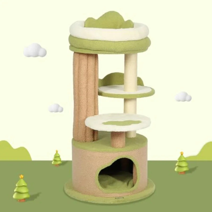 42.5 Cute Cat Tree Green Cat Tree for Indoor Cats,  Aesthetic Cat Tower with Teddy Fleece Cats,  Condo Unique Cat Furniture for Small Cats