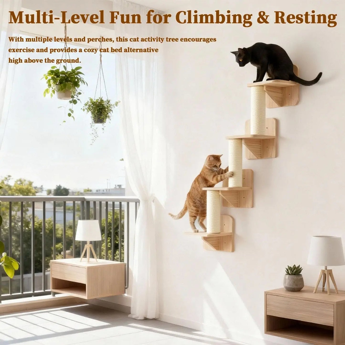 Cat Wall Shelves & Climber for Kittens Solid Wood cat ClimFrame – 4-Level Wall Mounted Cat Tree with Natural Sisal Pads