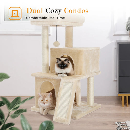 Small Cat Tree Tower with Scratching Pad, Two Large Condos, Cat Scratching Post for Indoor, Kitten House Bed, Cat Accessories