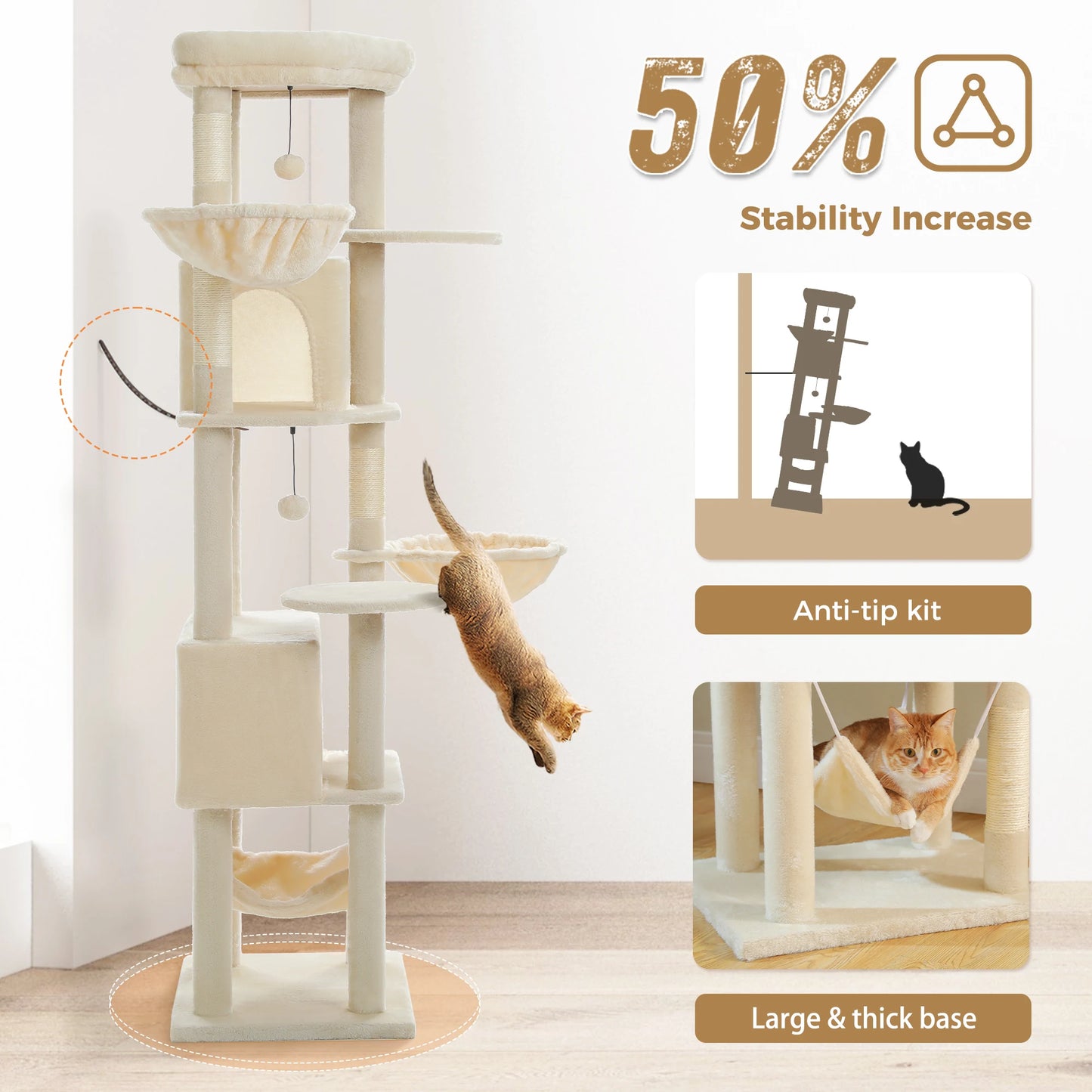 Tall Cat Tree with Scratching Posts Cozy Hammock Top Perch Multi-Level Large Cat Tower Spacious Cat Condo for Indoor Cat Toys