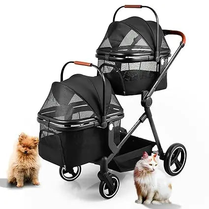 Foldable Double Pet Stroller for 2 Small Medium Cats Dogs, Lightweight Single and Double Integrated Pet Stroller