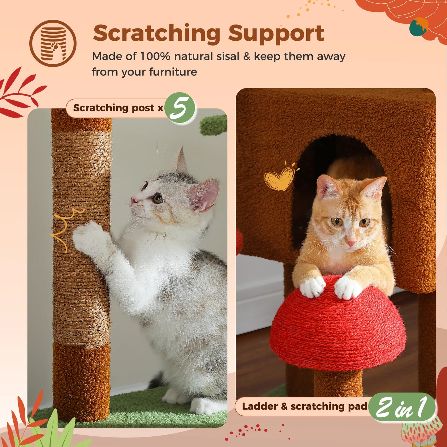 Cat Tree, Floor to Ceiling Cat Tower, Adjustable Height with Cat Condo,, Cozy Hammock and Scratching Post,,Tall Activity Tree Brown