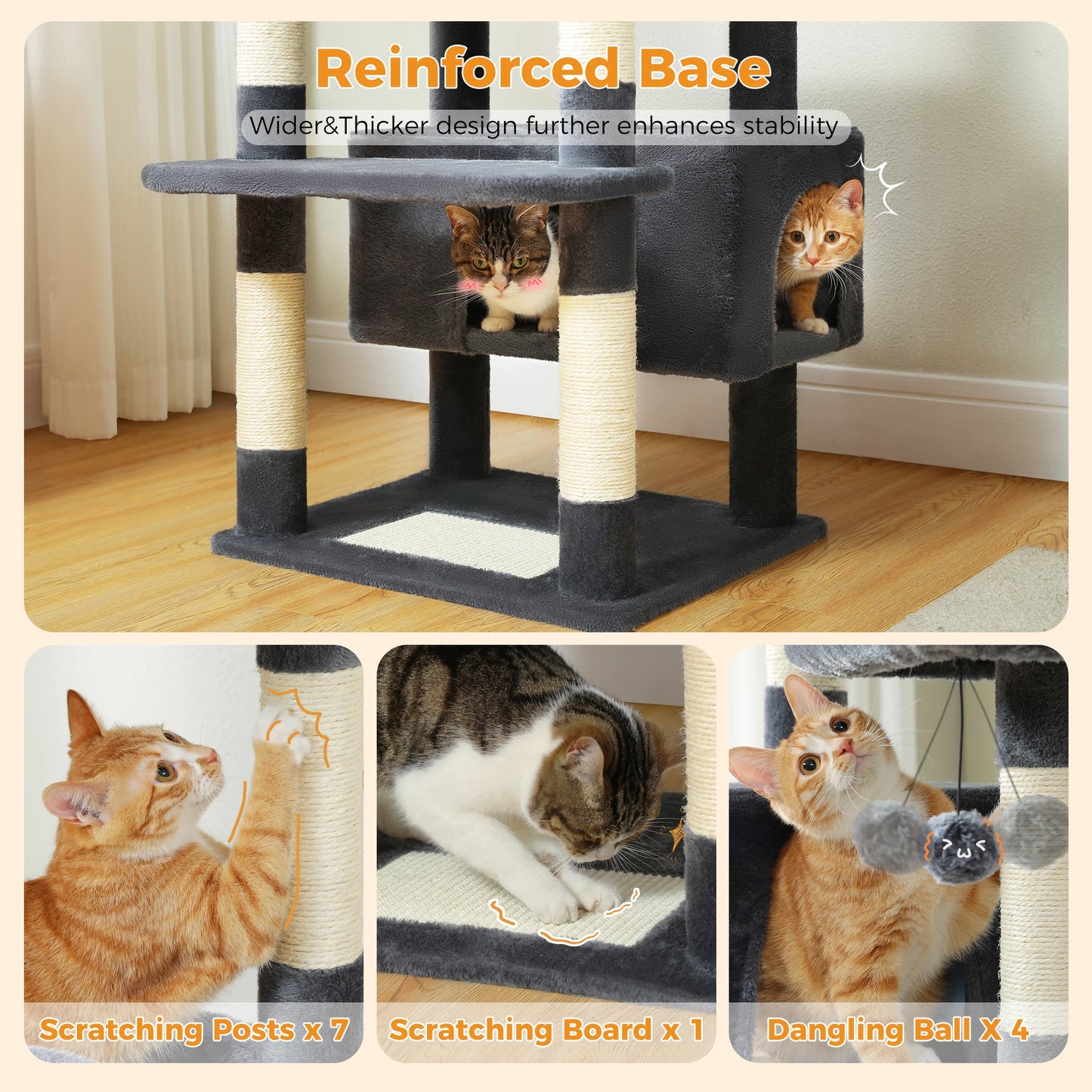 Multi-Level Cat Tree Tower with Scratching Posts &  Board , Hammock, Cat Condo, Spacious Top Perch,Dangling Balls for Indoor Cats