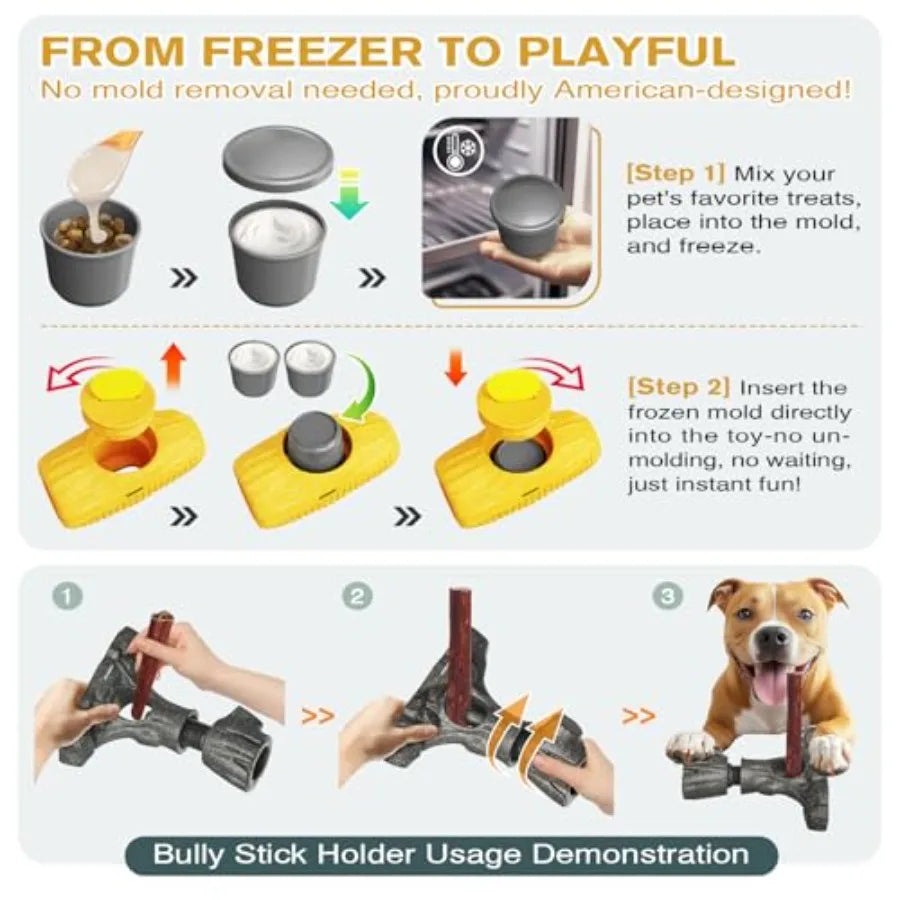 2-in-1 Durable Dog Toy Bundle for Small to Large Dogs: Bully Stick Holder Frozen Treat Slow Feeder in Natural Color Food-Safe I