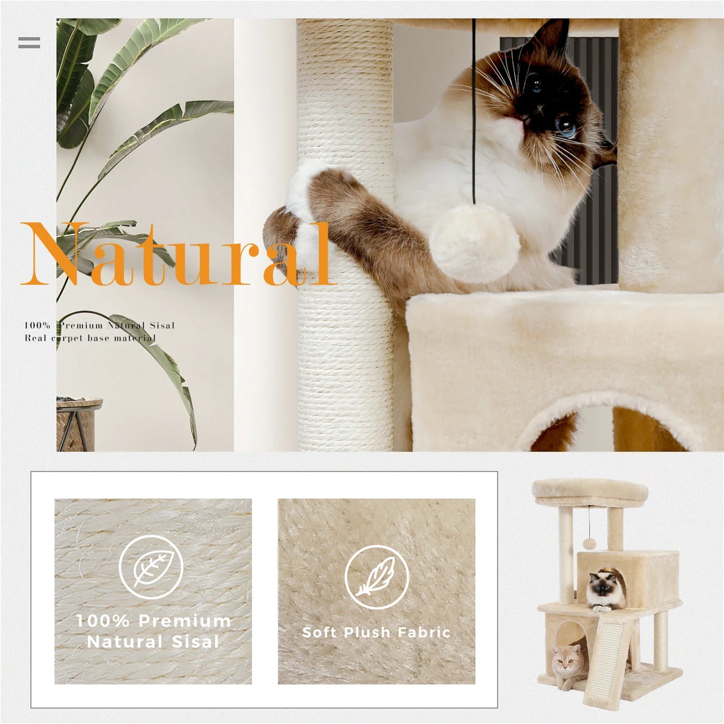 Small Cat Tree Tower with Scratching Pad, Two Large Condos, Cat Scratching Post for Indoor, Kitten House Bed, Cat Accessories