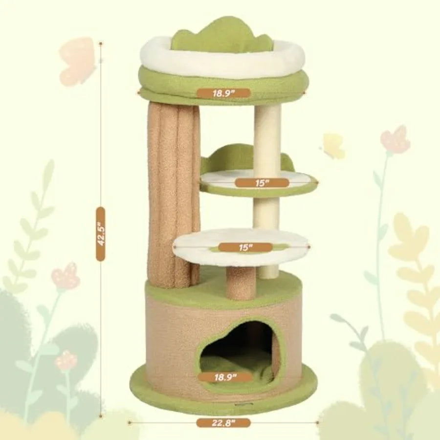 42.5 Cute Cat Tree Green Cat Tree for Indoor Cats,  Aesthetic Cat Tower with Teddy Fleece Cats,  Condo Unique Cat Furniture for Small Cats