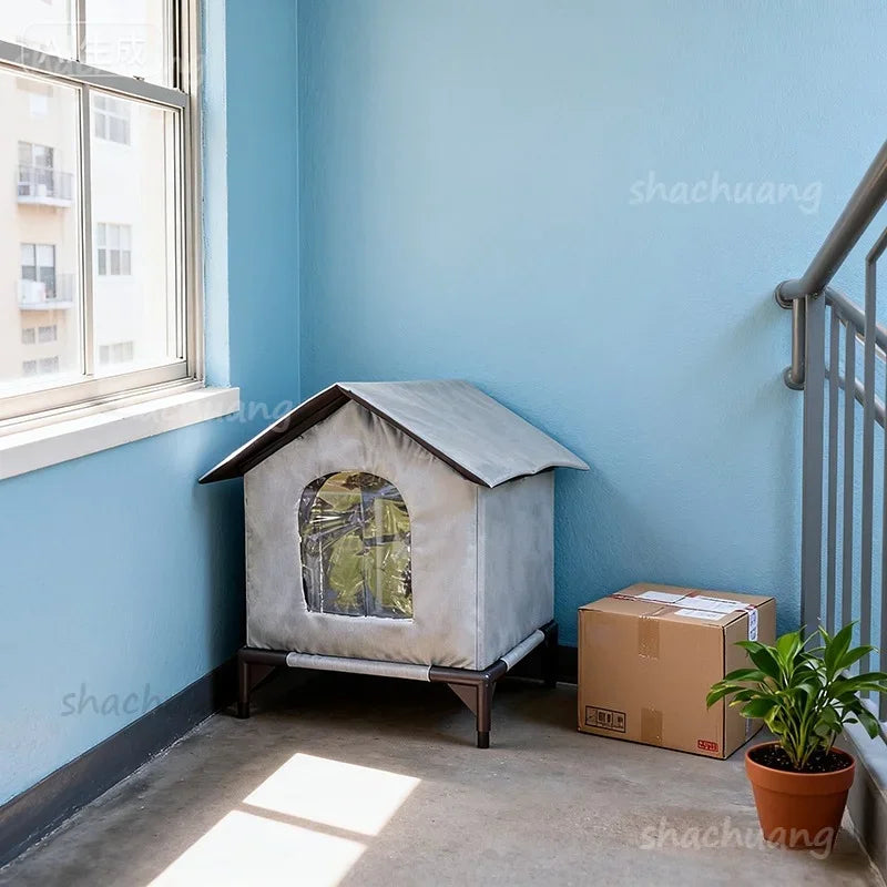 Large Outdoor Insulated Cat & Dog House -Winter Warm Elevated Shelter with Curtain Roof, Sturdy Zipper-Access Door & Stable Base