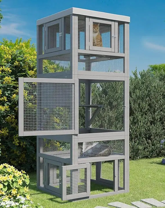Outdoor Enclosure, 3 Tiers Cat Enclosure with Platform, Resting Box and 8 Removable Door can Connect with Cats Tunnel