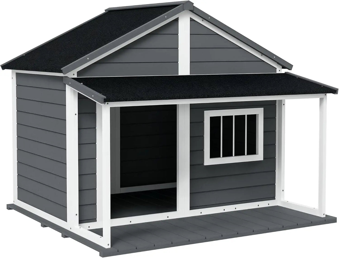 Outdoor Dog House Cabin Style, Wooden Raised Pet Kennel with Asphalt Roof, Front Door, Side Window, Porch for Medium and