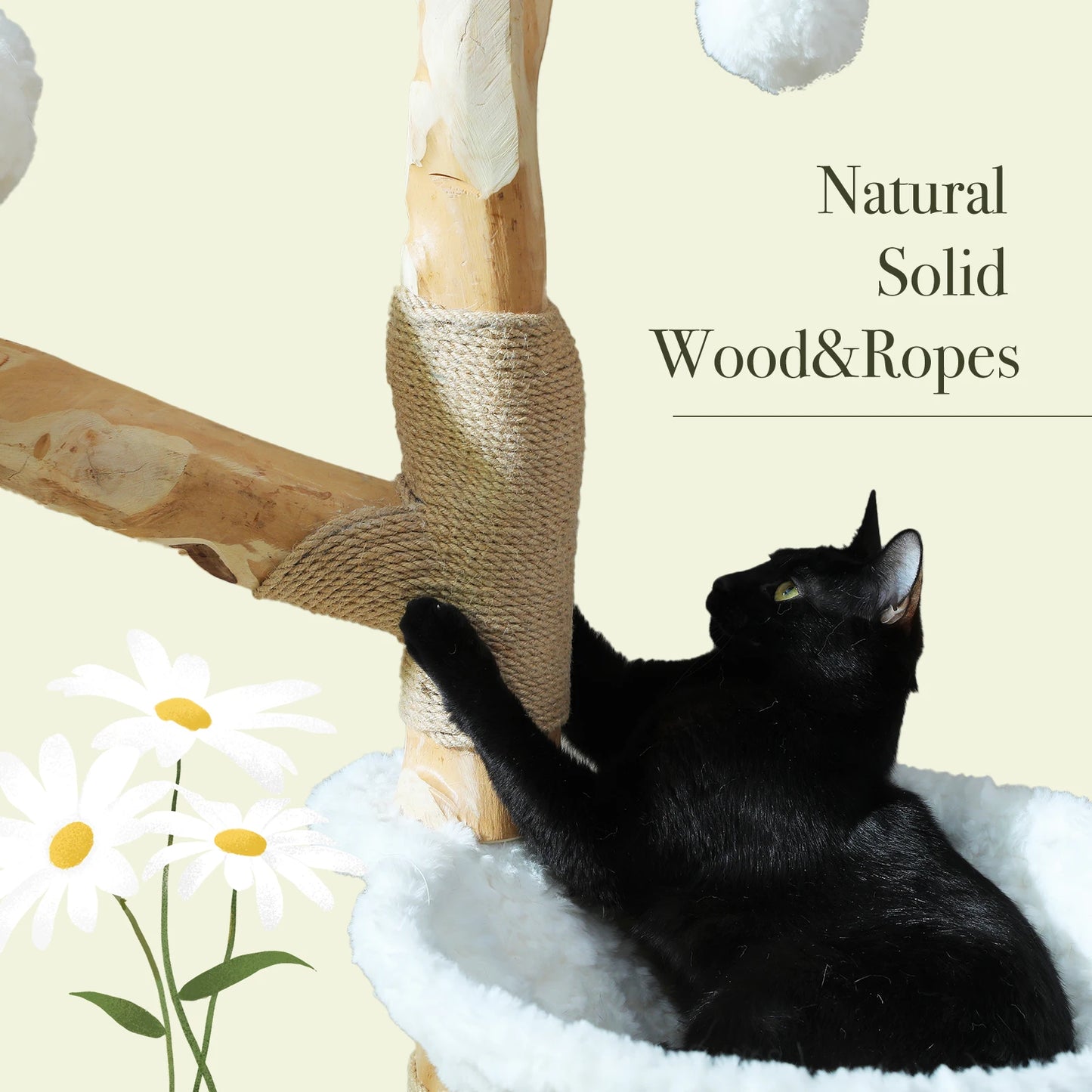 Solid Wood Cat Tree, Modern Cat Tower with Spacious Cat Condo, Flower Perches, Fun Pompom, Double Comfort Perfect for Indoor Kittens