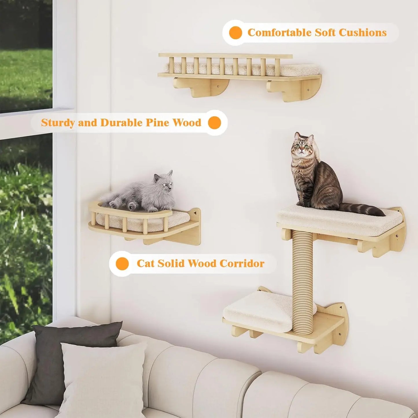 Cat ClimWall Set Made of Natural Wood, 8 Pcs Sturdy Furniture with Scratching Posts, Kitten Platform, 100CM Sisal Rope and
