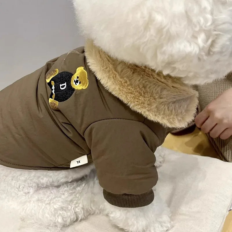 Winter Dog Clothes Luxury Bear Print Fur Collar Windproof Jacket, Chihuahua, Yorkies ,Warm Coat Puppy Outfit ,Clothing Pet Costume