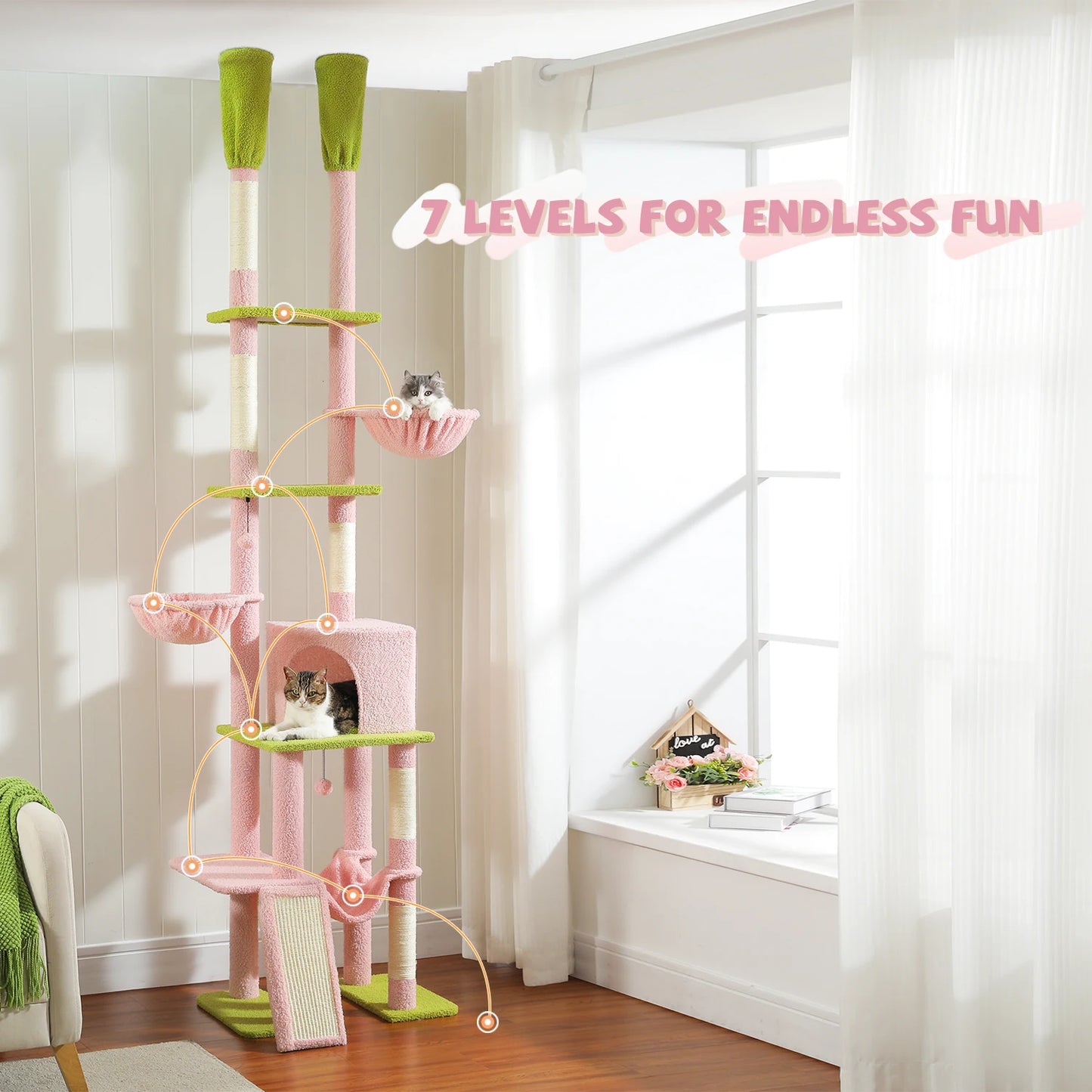Cactus Cat Tree Floor to Ceiling, Cat Tower 7 Tiers, Cat Climbing Tree with Cozy Hammocks and Condos 5 Platforms, Scratching Posts