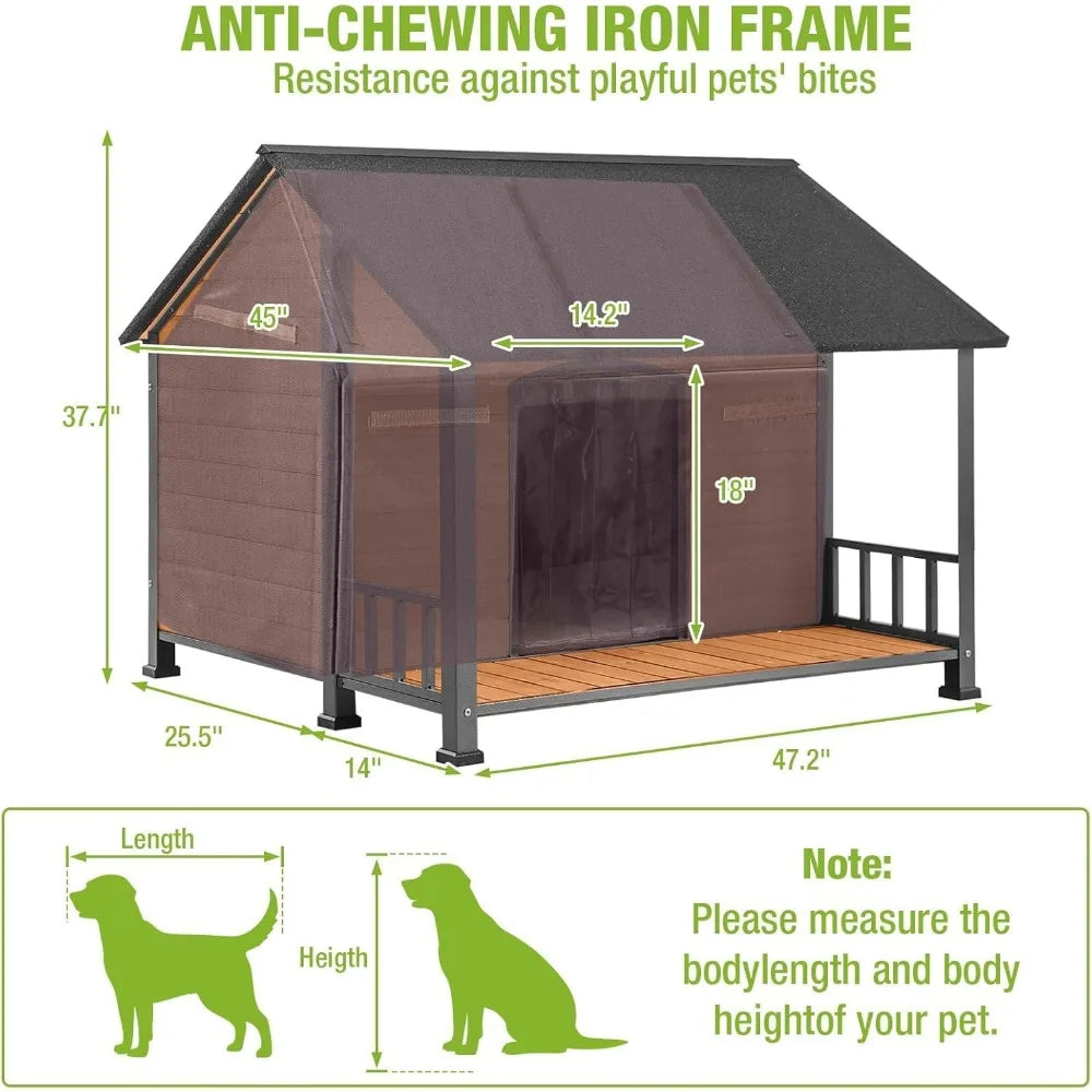 Large Dog House, Outdoor for Large Breed Dogs, Insulated Dog Kennel Outside, Metal Frame, Weatherproof Dog Shelter with Porch