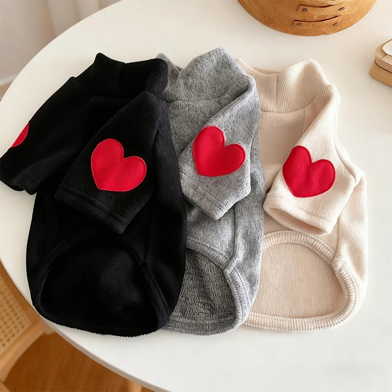 Winter Dog Shirt Heart-shaped Patch, Embroidery Sweatshirt, Chihuahua Breathable Warm Shirt, Puppy Outdoor Clothes