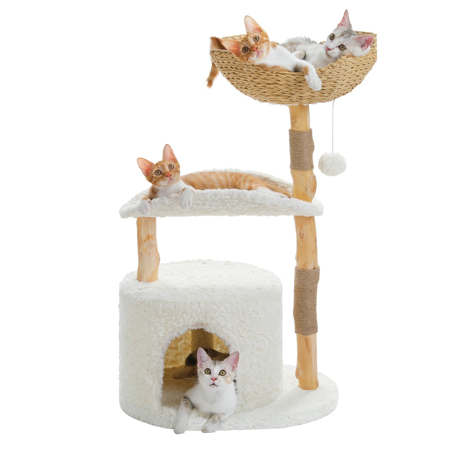 Solid Wood Cat Tree, Modern Cat Tower with Spacious Cat Condo, Flower Perches, Fun Pompom, Double Comfort Perfect for Indoor Kittens